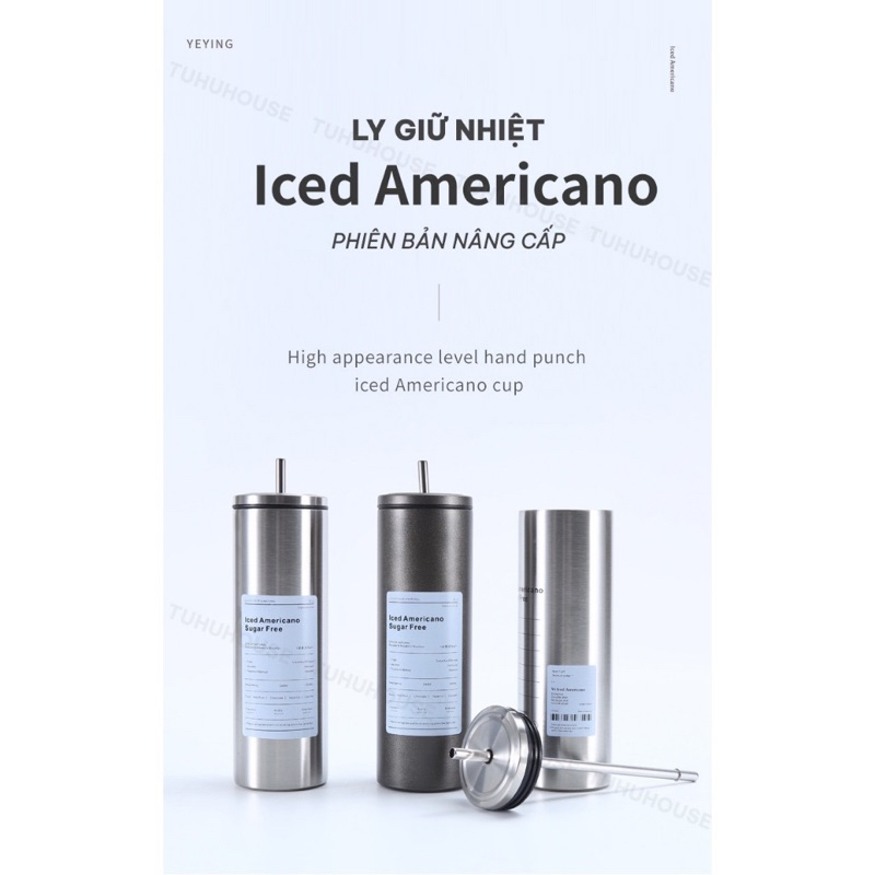 Bình giữ nhiệt iced americano inox 304 DÁNG CAO, ly giữ nhiệt dáng cao có ống hút tiện lợi | BigBuy360 - bigbuy360.vn