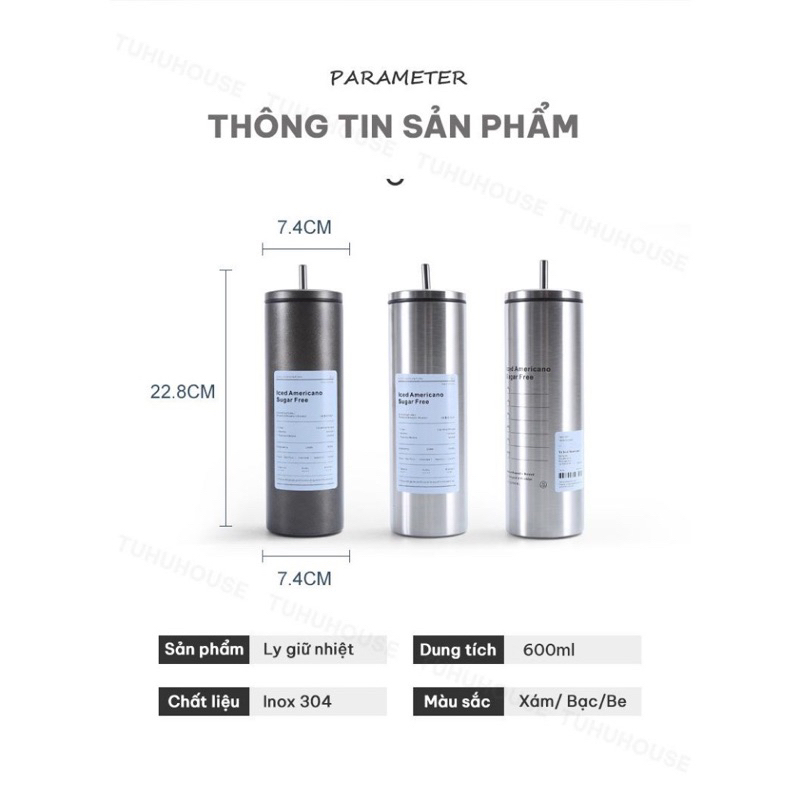 Bình giữ nhiệt iced americano inox 304 DÁNG CAO, ly giữ nhiệt dáng cao có ống hút tiện lợi | BigBuy360 - bigbuy360.vn