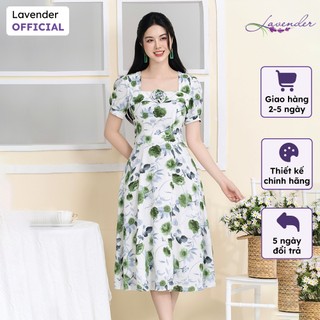 Đầm công sở thiết kế LAVENDER hoa xanh trắng cổ vuông đính hoa D3045