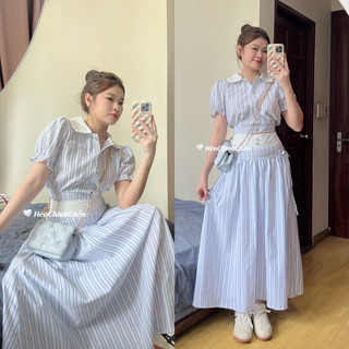 Hèochinhchắn | set áo croptop nút cỏ bốn lá kèm chân váy dài xoè kẻ sọc