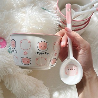 Bát sứ happy pig set 2 bát 2 thìa dễ thương , set bát heo hồng đóng hộp xốp