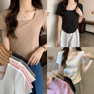 Áo cổ u ngắn tay vạt bầu nhún eo, áo thun trơn basic thời trang nữ siêu xinh a10