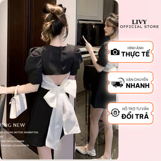 Váy Nữ Tay Bồng Dáng Ngắn Hở Lưng Thắt Nơ Lưng Sexy Hai Màu Đen Trắng Freesize