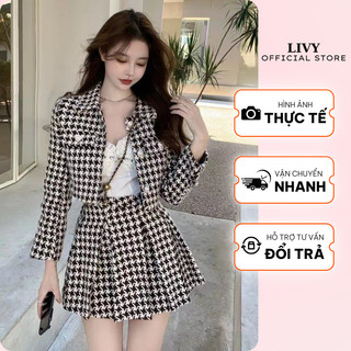 Set Áo Dạ Tweed Kẻ Dài Tay Phối Chân Váy Xoè Xếp Li Tôn Dáng Thanh Lịch Freesize