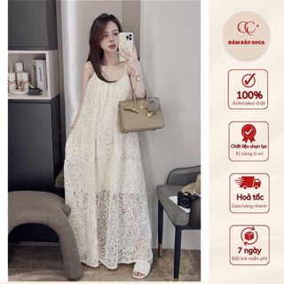 Đầm 2 dây maxi GOCA đi biển, váy maxi đi biển chất liệu vải ren thêu 2 lớp lót tơ cao cấp mềm mại nhẹ mát
