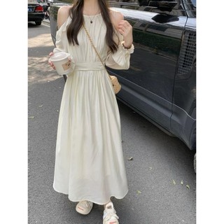 Váy tơ trễ vai dáng dài tiểu thư, đầm nữ hở vai tay dài phong cách hàn quốc siêu xinh a30