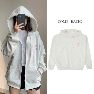 Áo khoác hoodie zip form rộng thêu nơ hồng mũ to nỉ ép Hàn cao cấp (có túi trong)