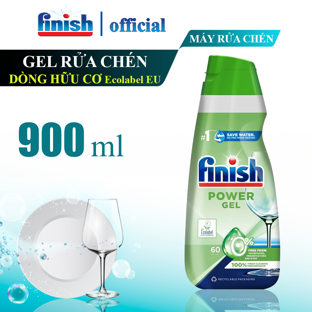 Gel rửa bát Finish Power ECO 0% 900ml hữu cơ an toàn dễ chia liều lượng tới 60 lần rửa phù hợp cho mọi dòng máy rửa chén