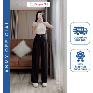 Quần suông ống rộng nữ AMY lưng cao cạp bản to phối dây chữ U tôn dáng vải cao cấp QT7008
