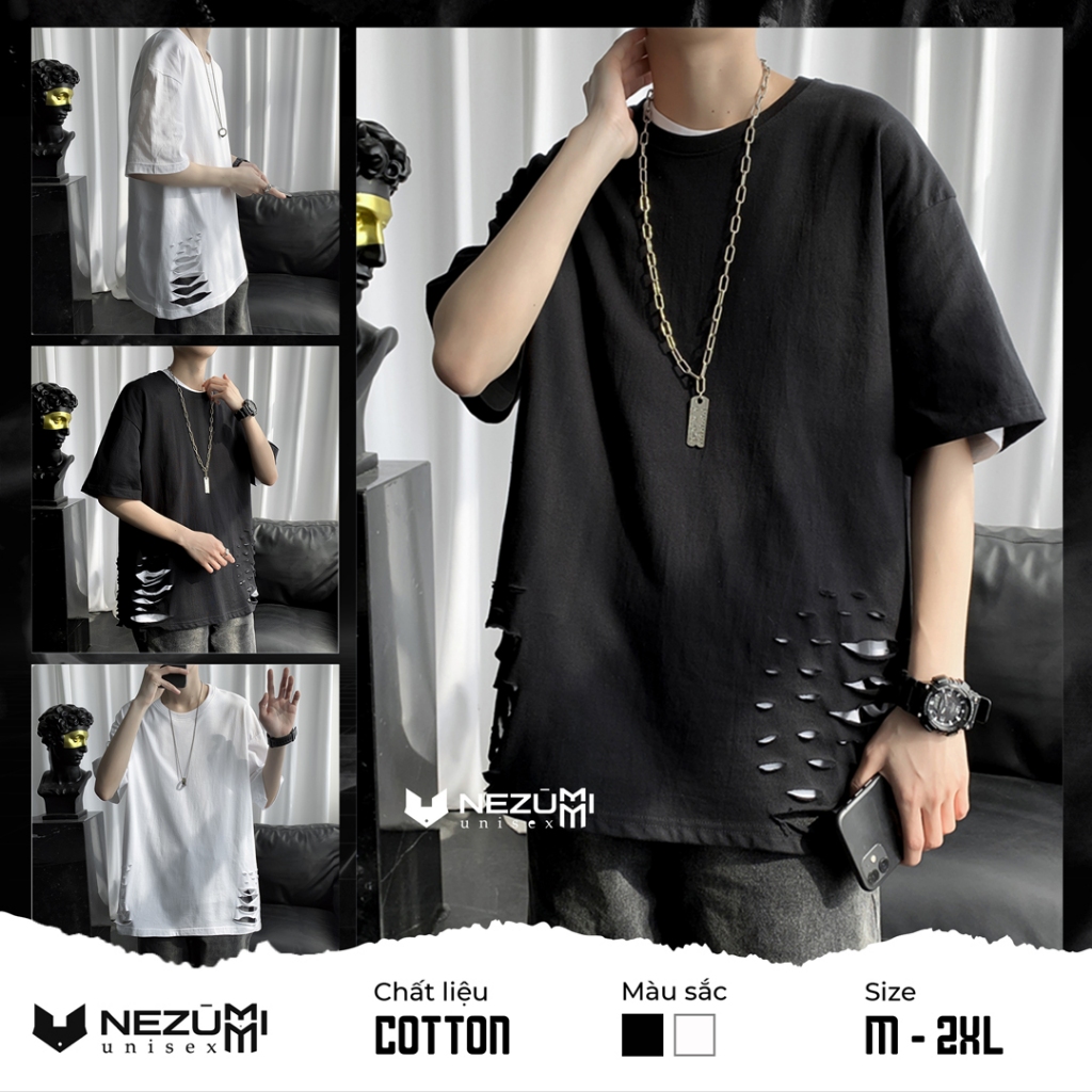 (Sẵn đen, trắng) Áo thun tay lỡ rách gấu nhiều tạo layer hiphop đường phố - Áo phông unisex nam nữ