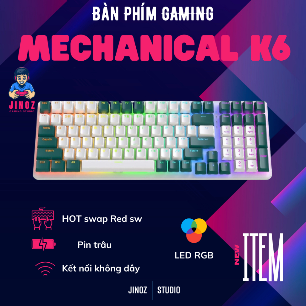 Bàn Phím Cơ Không Dây Bluetooth Nâng Cấp K6BT Led Đổi Màu, Pin Sạc Siêu Trâu- Jinoz Gaming Studio