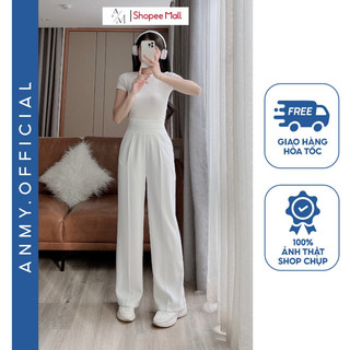 Quần suông ống rộng nữ lưng cao AMY dáng suông cạp cao tôn dáng vải không nhăn xù đen trắng Q680