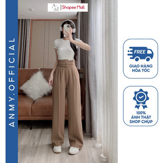Quần dáng suông ống rộng nữ lưng cao AMY, quần ống rộng cạp cao tôn dáng chất vải không nhăn xù Q691