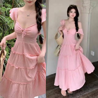 Đầm nữ dáng dài eo thon cổ V,Váy đi biển du lịch Hàng Quảng Châu Loại Đẹp