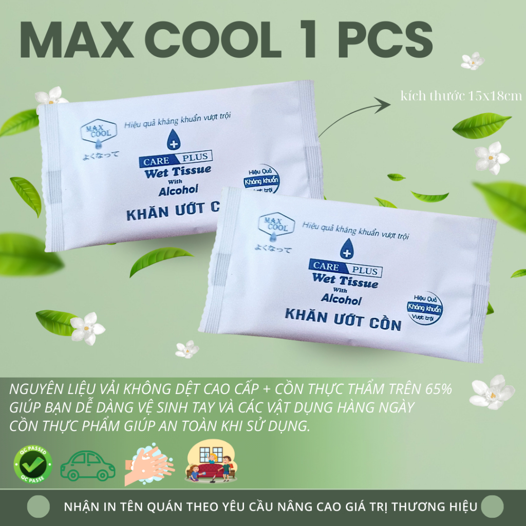20 cái khăn ướt Cồn Max Cool kháng khuẩn ( Kích thước 15x19cm )