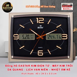 Đồng Hồ Treo Tường KIM ĐIỆN TỬ EASTAR Mặt Chữ Nhật Đen – DẠ QUANG (*) - LỊCH Vạn Niên – NHIỆT ĐỘ Và ĐỘ ẨM - Tặng Pin