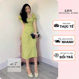 Váy Nữ Dài Dáng Xoè Nơ Vai Ly Ngực Tay Bồng Tôn Dáng Freesize