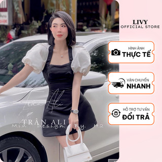 Váy Nữ Tay Bồng Cổ Vuông Dáng Ngắn Phối Màu Tiểu Thư Tôn Dáng Freesize