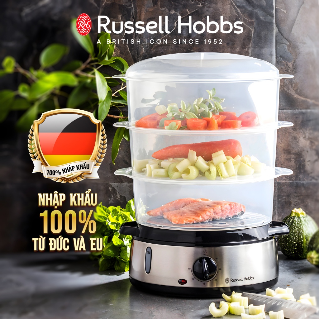 Nồi Hấp Điện 3 Tầng Russell Hobbs 19270-56, 9 lít, 2 cửa cấp nước, công suất 800w, công tắc tự động, an toàn