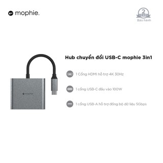 Hub USB type C chuyển đôi 3 cổng Mophie 3in1 - Cổng HDMI, USB-A, USB-C- Truyền dữ liệu nhanh- Xuất độ phân giải cao