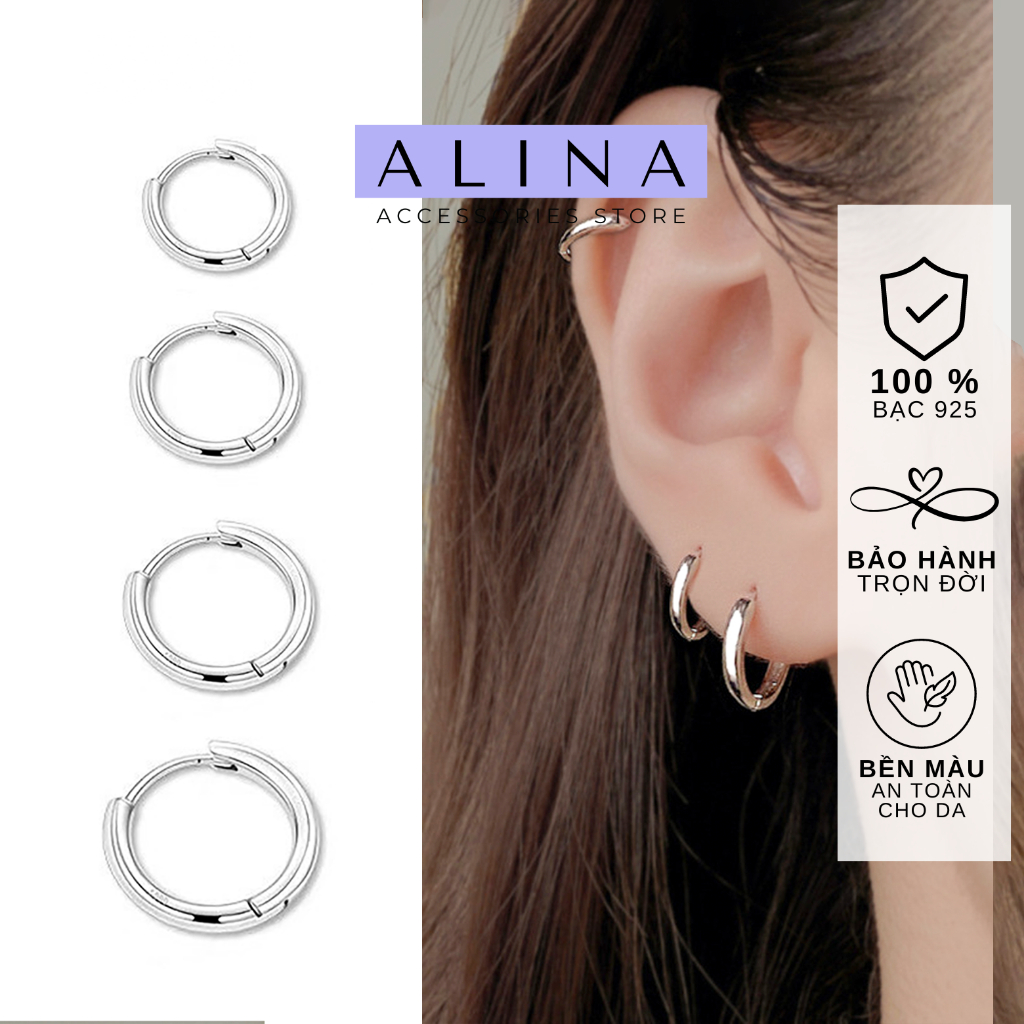 Khuyên tròn trơn Bạc 925 chốt bấm bật dày 1.9mm unisex nam nữ đơn giản cá tính nhiều kích cỡ ALINA 0975 A1-A3