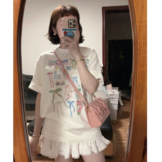 2024 Trắng áo phông nữ form rộng nơ logo in ấn cổ tròn dáng rộng áo thun oversize 100%cotton local brand