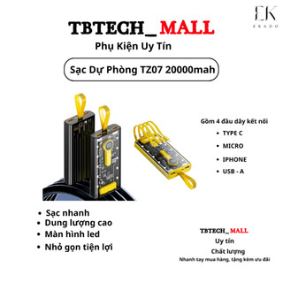 Sạc Dự Phòng Trong Suốt 20000mAh TZ07 Với 2 Cổng Sạc Nhanh 22.5w và PD 20W Kèm 4 Đầu Sạc Màn Hình LED TB18 EKADO
