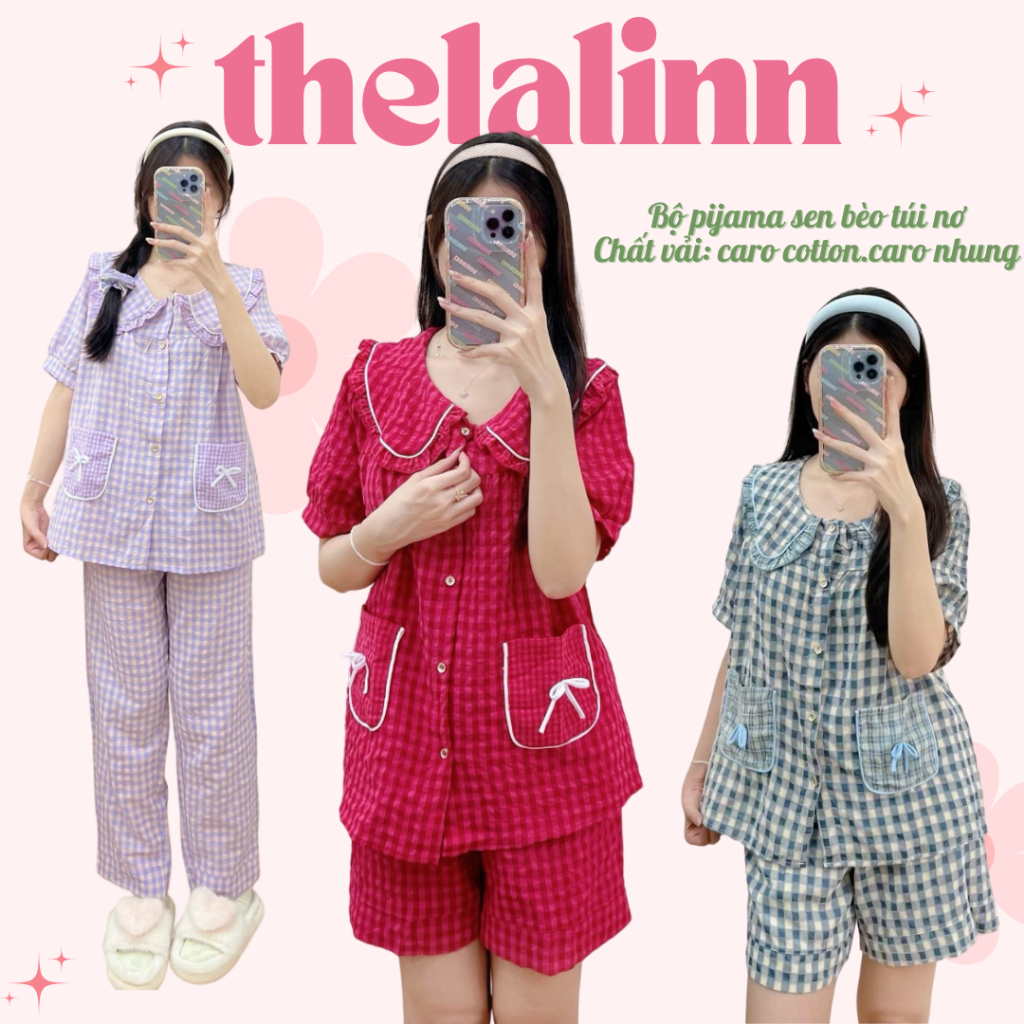 Bộ pijama cổ sen bèo phối túi đính kèm nơ. Bộ đồ ngủ nữ mặc nhà dễ thương chất caro cotton / caro nh