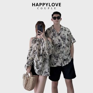 Áo cặp nam nữ HAPPYLOVE áo sơ mi nam tay ngắn áo nữ hở vai họa tiết trắng đen thời trang M183