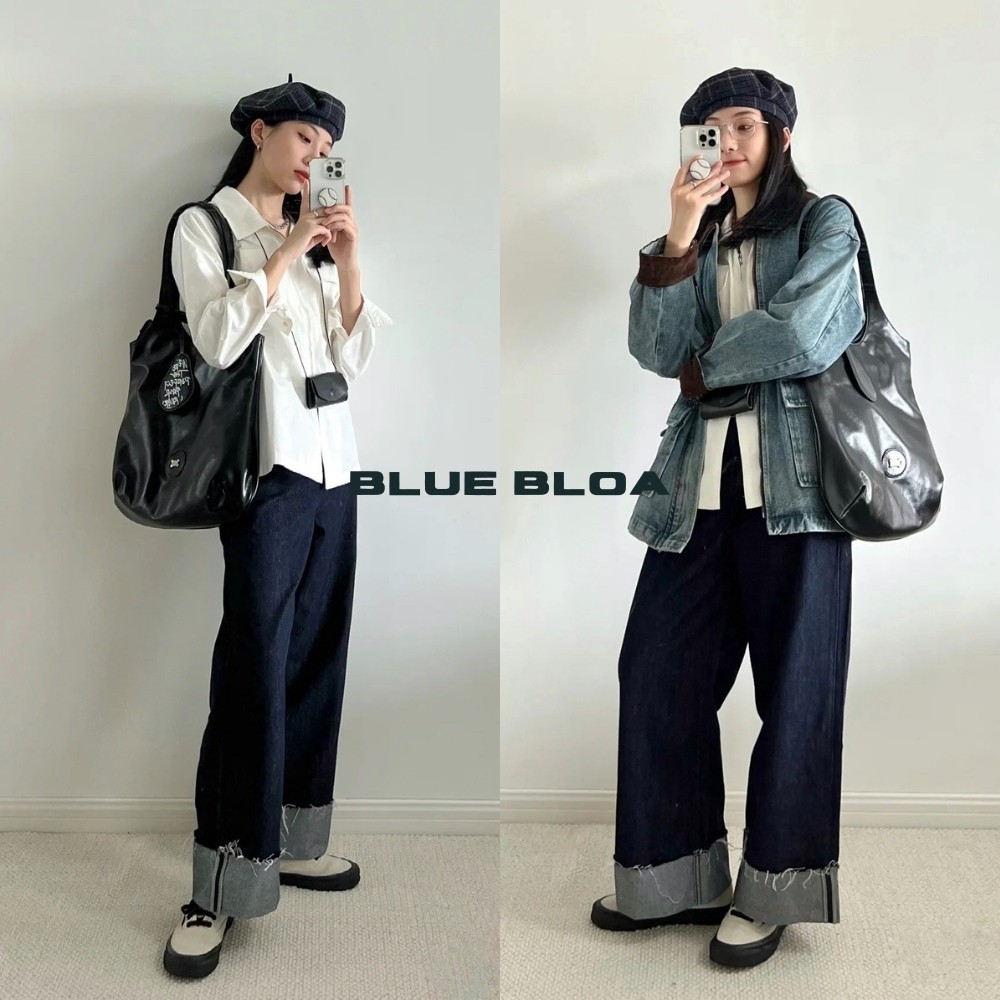 Quần Ống Suông Basic Gập Gấu Chỉ Nối Blue Bloa Loại Cao Cấp (CÓ ẢNH THẬT)- Quần Jeans Ống Rộng Màu Xanh Chì Unisex