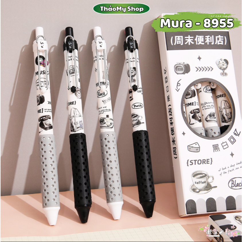 Bút gel mura Black and Grey mực đen ngòi 0.5mm bút bi bấm mura 8955 có thanh cài Planet cực xinh