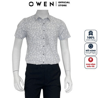 Áo sơ mi nam ngắn tay OWEN AS240065N somi công sở cao cấp màu trắng họa tiết xám vải sợi tre dáng ôm tà lượn không túi