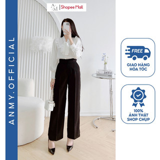 Quần tây ống rộng dáng suông nữ lưng cao AMY, quần cạp cao siêu tôn dáng chất vải không nhăn xù Q679