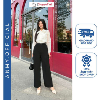 Quần ống rộng dáng suông nữ lưng cao AMY, cạp cao đứng dáng tặng kèm đai lưng da cao cấp Q525