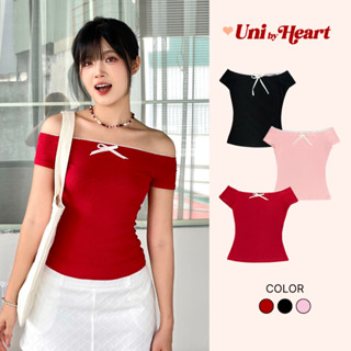 Áo trễ vai Emma Top ATV07 viền vai ren trắng, có nơ trước ngực - Uni By Heart