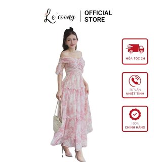 Váy tiểu thư trễ vai dáng dài phối tơ lecoong v598 đầm tay bèo phối hoa