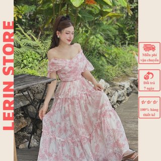 Váy đẹp trễ vai họa tiết hoa đầm tiểu thư dáng dài_lerin v598