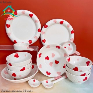 Bát đĩa sứ trắng trái tim hồng-chén dĩa ăn cơm Decor màu trắng hồng-bộ đồ ăn cute dễ thương VuaDecor