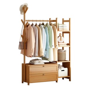 Kệ đưng quần áo gỗ tre đa năng có ngăn đựng đồ, móc treo quần áo thông minh 100x30x158 cm
