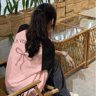 2024 Fashion áo phông raglan nữ oversize Đường khâu màu đen và hồng nơ in ấn ấo thun form rộng 100%cotton Foucs