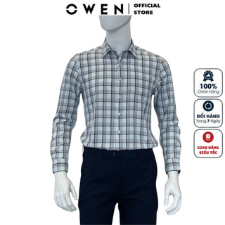 Áo sơ mi nam dài tay OWEN AR240024DT somi công sở cao cấp màu xám nhạt kẻ caro chất nano dáng suông tà lượn có túi