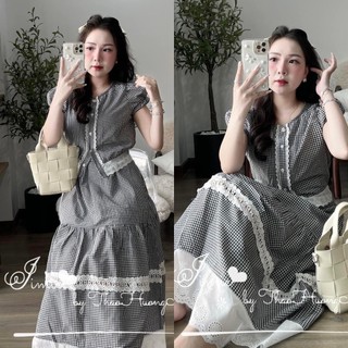 Set Áo Caro Tay Bồng Chun Cổ Tròn Mix Chân Váy Midi Cạp Chun Phối Thô Trắng Mềm Pha Ren Cao Cấp (Ảnh Thật Trải Sàn)