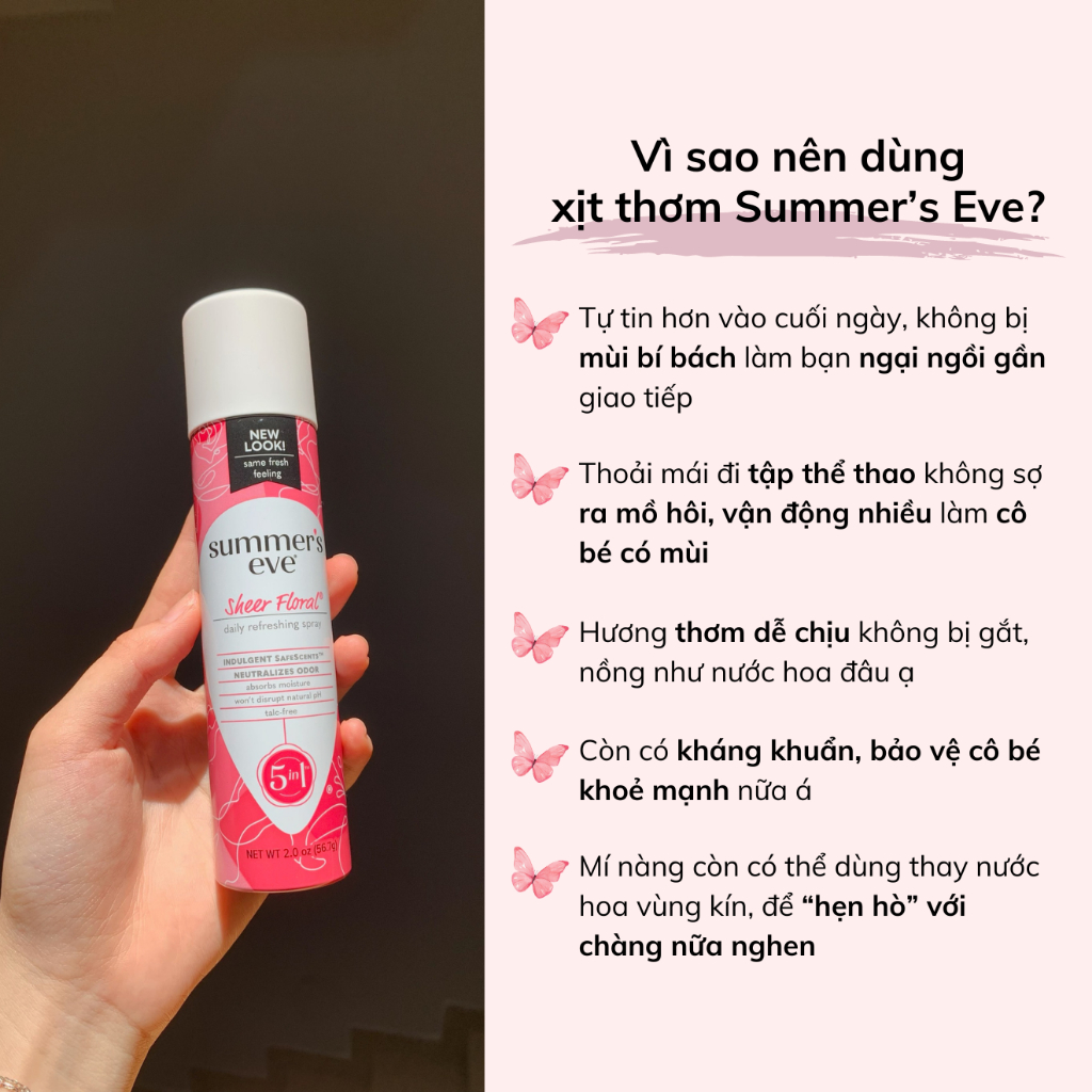 Xịt thơm vùng kín, xịt phụ khoa Summer's Eve kháng khuẩn, hút ẩm, khử mùi, tạo hương thơm Summer Eve 56.7g - AmeriCare