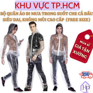  Bộ Quần Áo Đi Mưa Trong Suốt Chất Liệu Dày Dặn Che Cả Đầu Dễ Dàng Xếp Gọn, Siêu Dai
