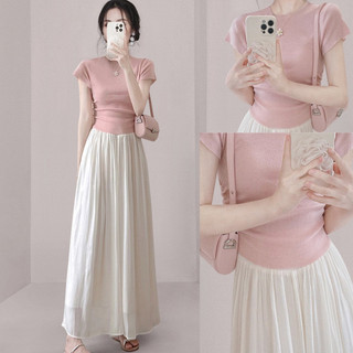 Set áo hồng váy trắng dài phong cách Hàn Quốc nhẹ nhàng tiểu thư hiện đại xu hướng mùa hè mới D133240