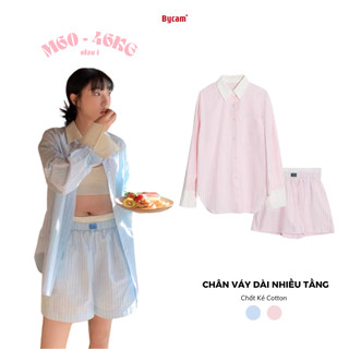 Set Sơ Mi Kẻ Cotton Kèm Quần Mỏng Nhẹ Form Rộng Phối Cổ Trắng Năng Động Phong Cách Hàn Quốc 𝑩𝒚𝒄𝒂𝒎𝒄𝒂𝒎