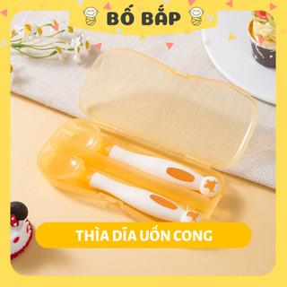Thìa dĩa tập xúc cho bé uốn cong 360 độ cho bé tập xúc ăn dặm có hộp xinh xắn - Bố Bắp Store