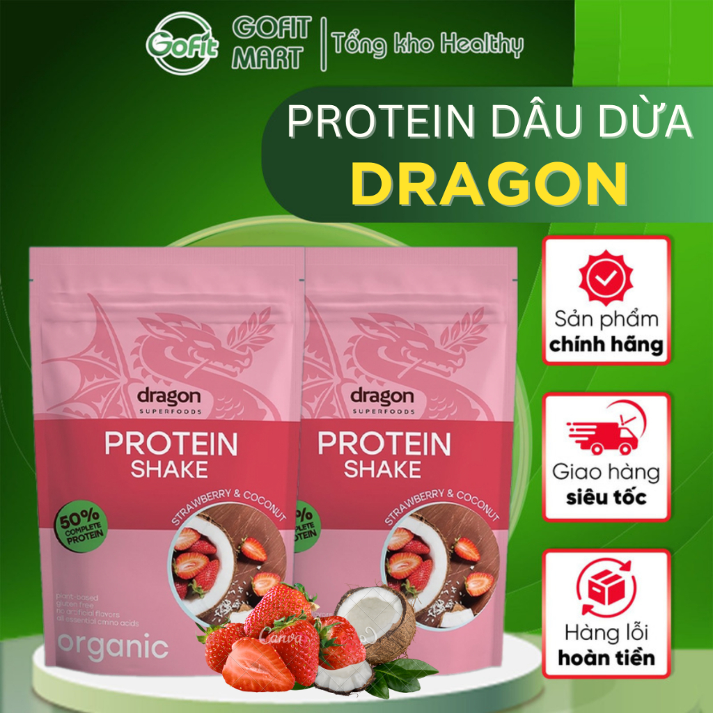Bột Protein Shake Hữu Cơ DRAGON SUPERFOODS Vị Dâu Dừa Organic Protein Shake 450g