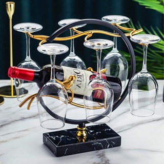 Kệ Rượu Vang Kèm 6 Móc Treo Ly V20 Giá Đỡ Rượu Vang Để Bàn Kim Loại Mạ Vàng Có Đế Vân Đá Sang Trọng