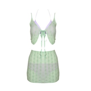  Bikini LUHAZO đi biển 4 chi tiết đồ bơi nữ du lịch phong cách HànQuốc thắt nơ ngực kèm quây sành điệu màu xanh 9547 D3T5 